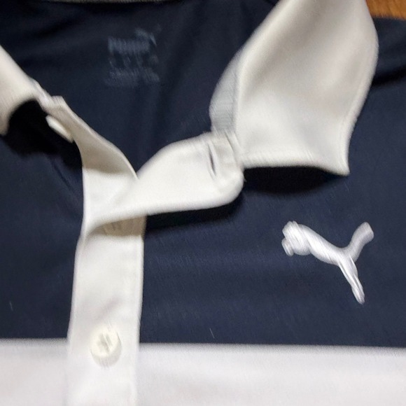 Puma Mens Golf Polo Shirt Small Navy Blue White Grey Orange Striped Performance - Picture 2 of 7